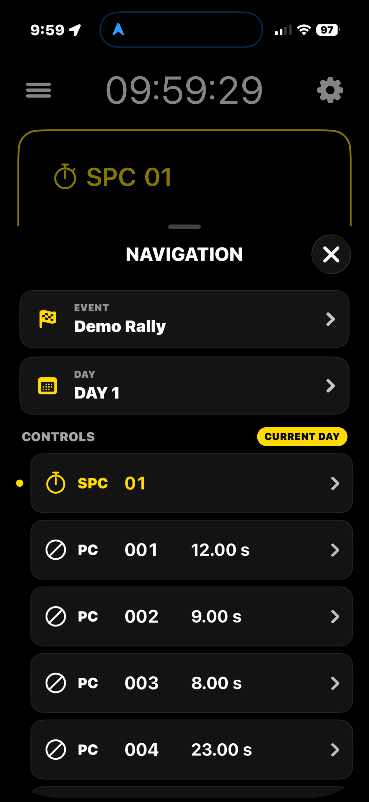 EZ Rally Timer Navigation screen