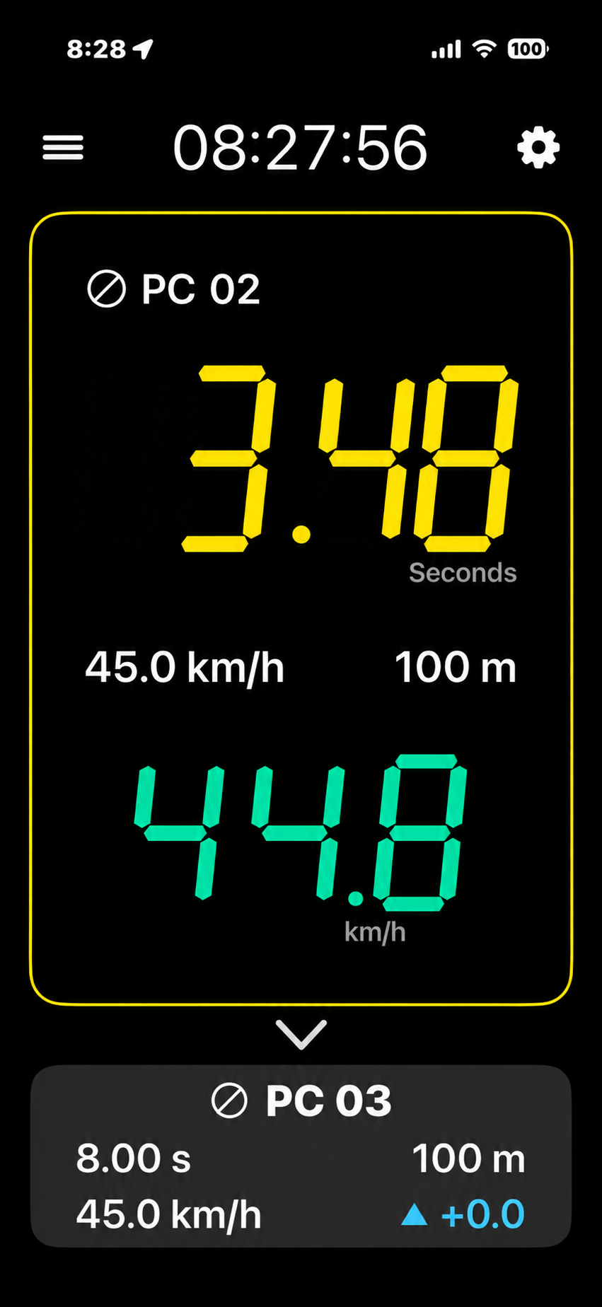 EZ Rally Timer v1.19 showing an active PC with countdown, target speed, current speed, distance and next control