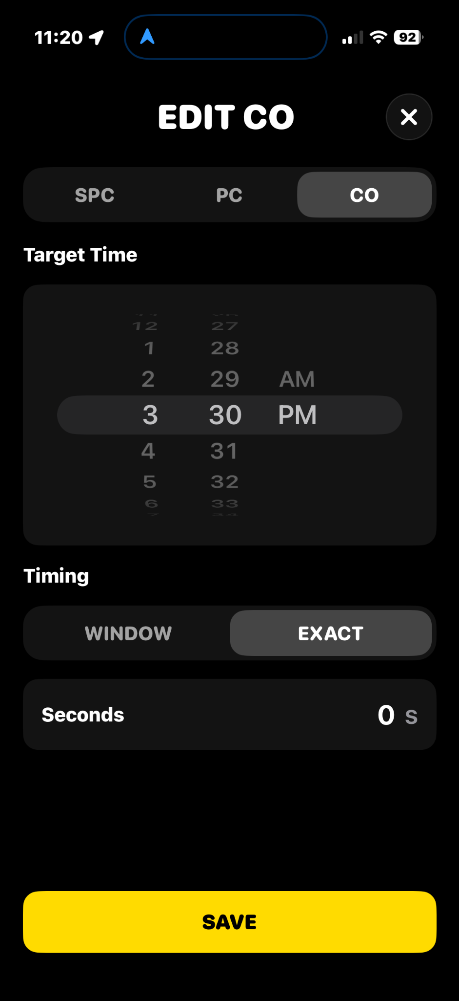EZ Rally Timer CO setup screen with EXACT timing