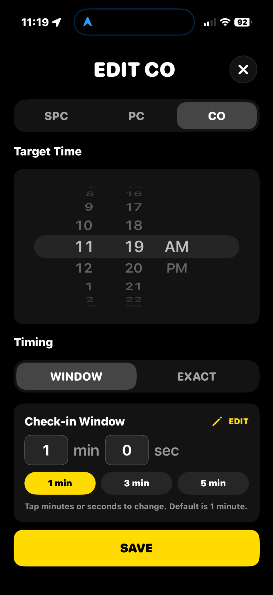 EZ Rally Timer CO setup screen with WINDOW timing