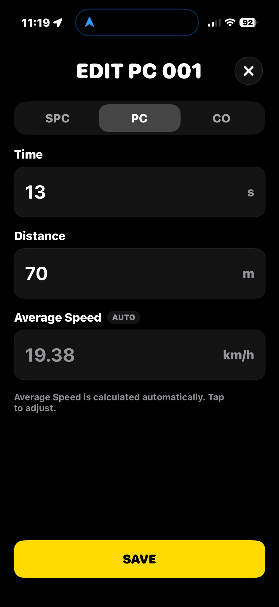 EZ Rally Timer PC setup screen for time distance and average speed