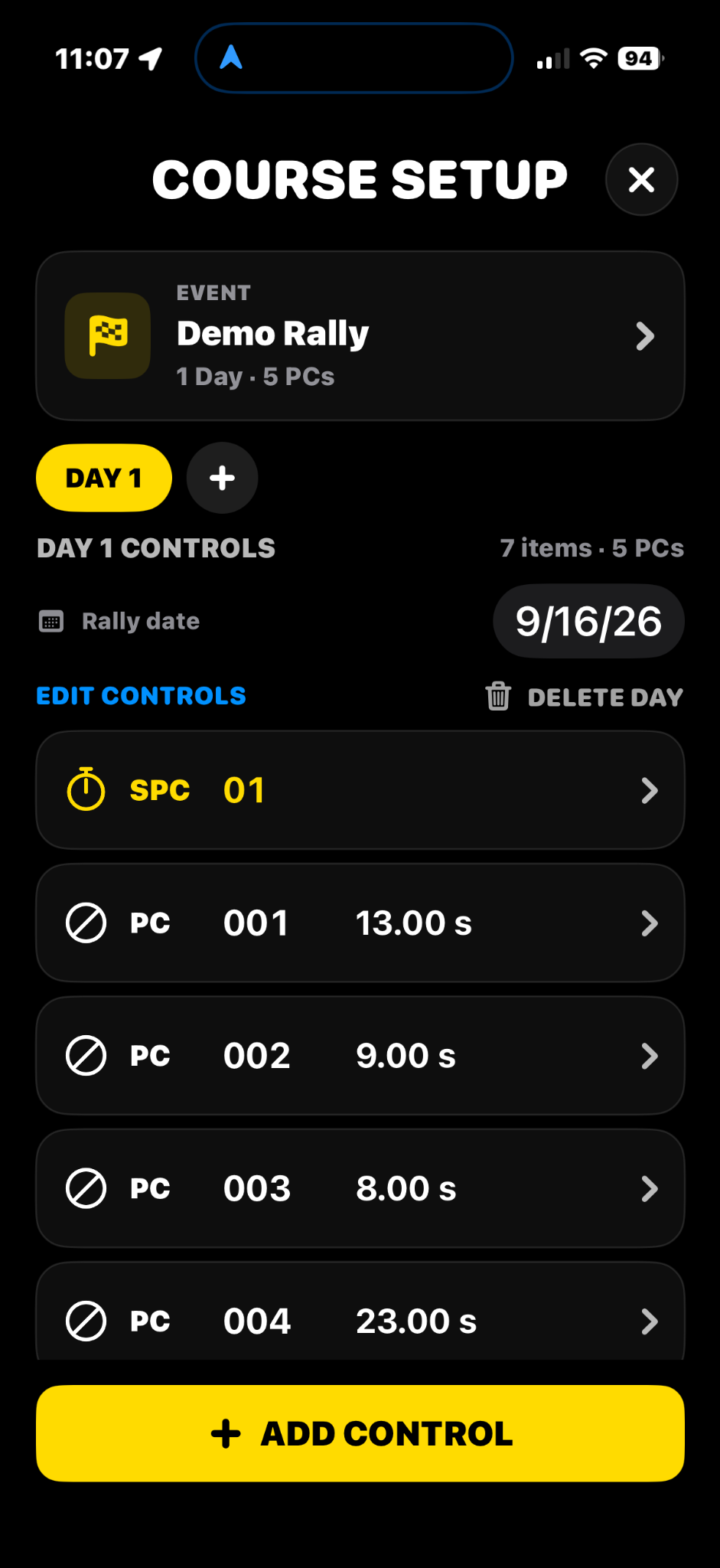 EZ Rally Timer Course Setup screen