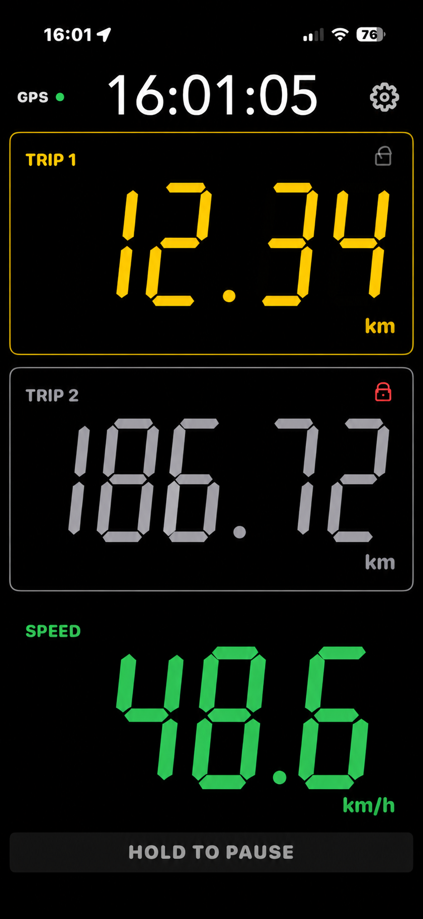 EZ Rally Tripmeter showing Trip 1, Trip 2 and GPS speed on the main screen